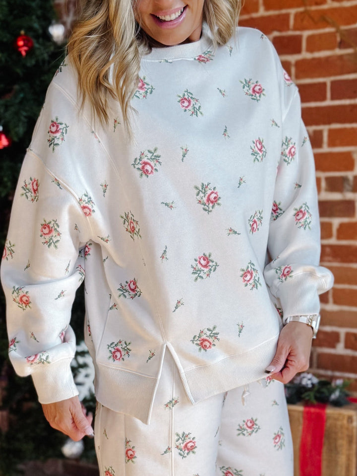 Rosewood Retreat Floral Sweatshirt, Cream