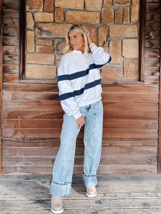 Rugby Remix Collared Stripe Pullover, Grey/Navy