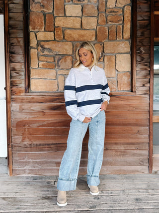Rugby Remix Collared Stripe Pullover, Grey/Navy