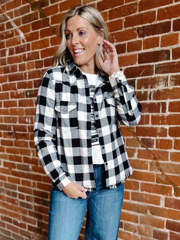 Ryla Frayed Hem Button Up Plaid, Black