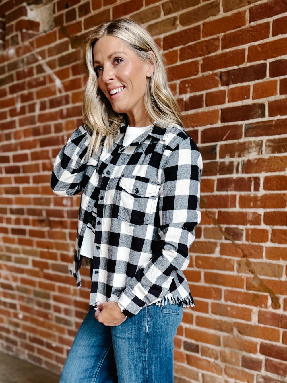 Ryla Frayed Hem Button Up Plaid, Black