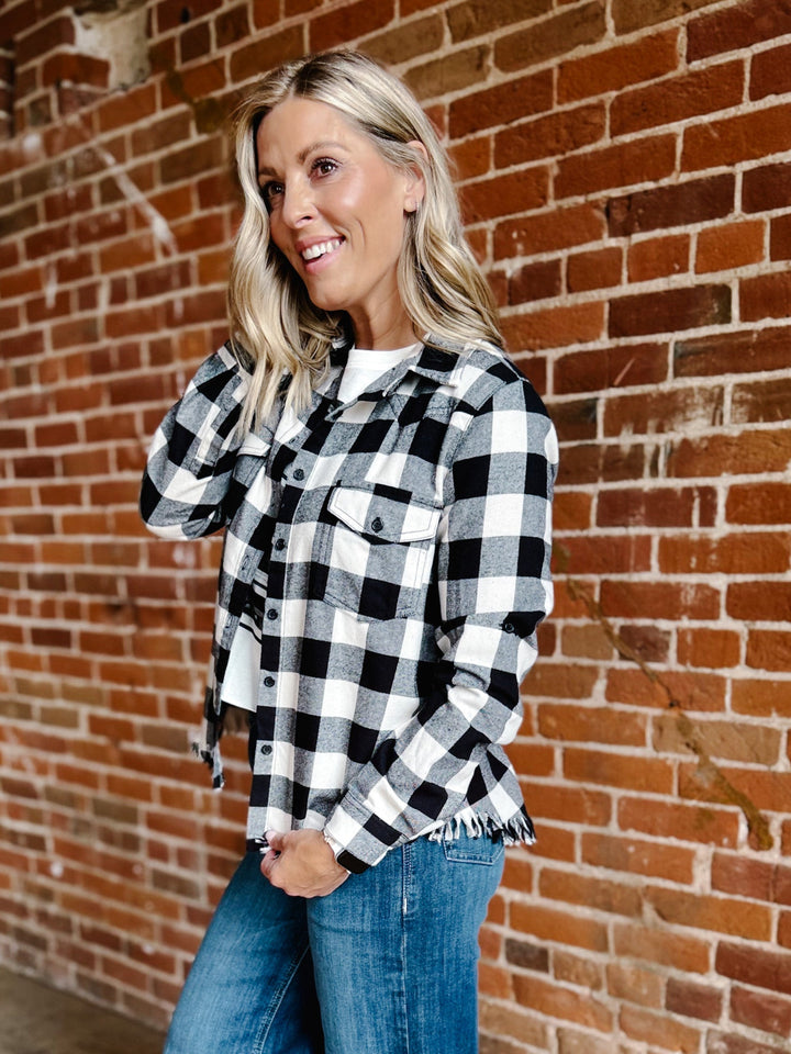 Ryla Frayed Hem Button Up Plaid, Black