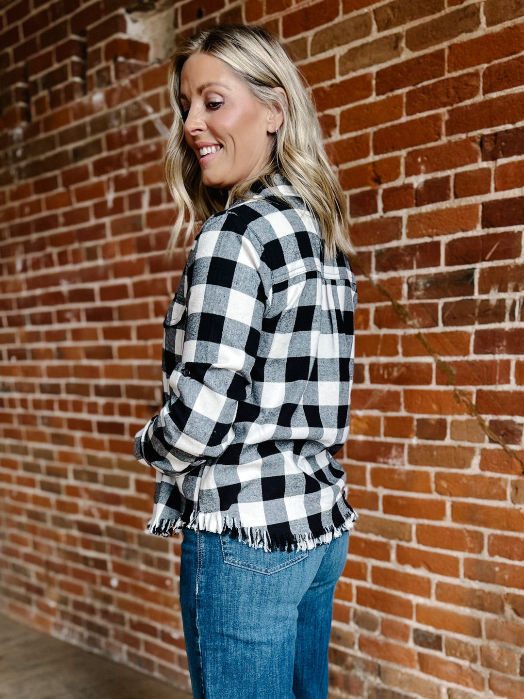 Ryla Frayed Hem Button Up Plaid, Black