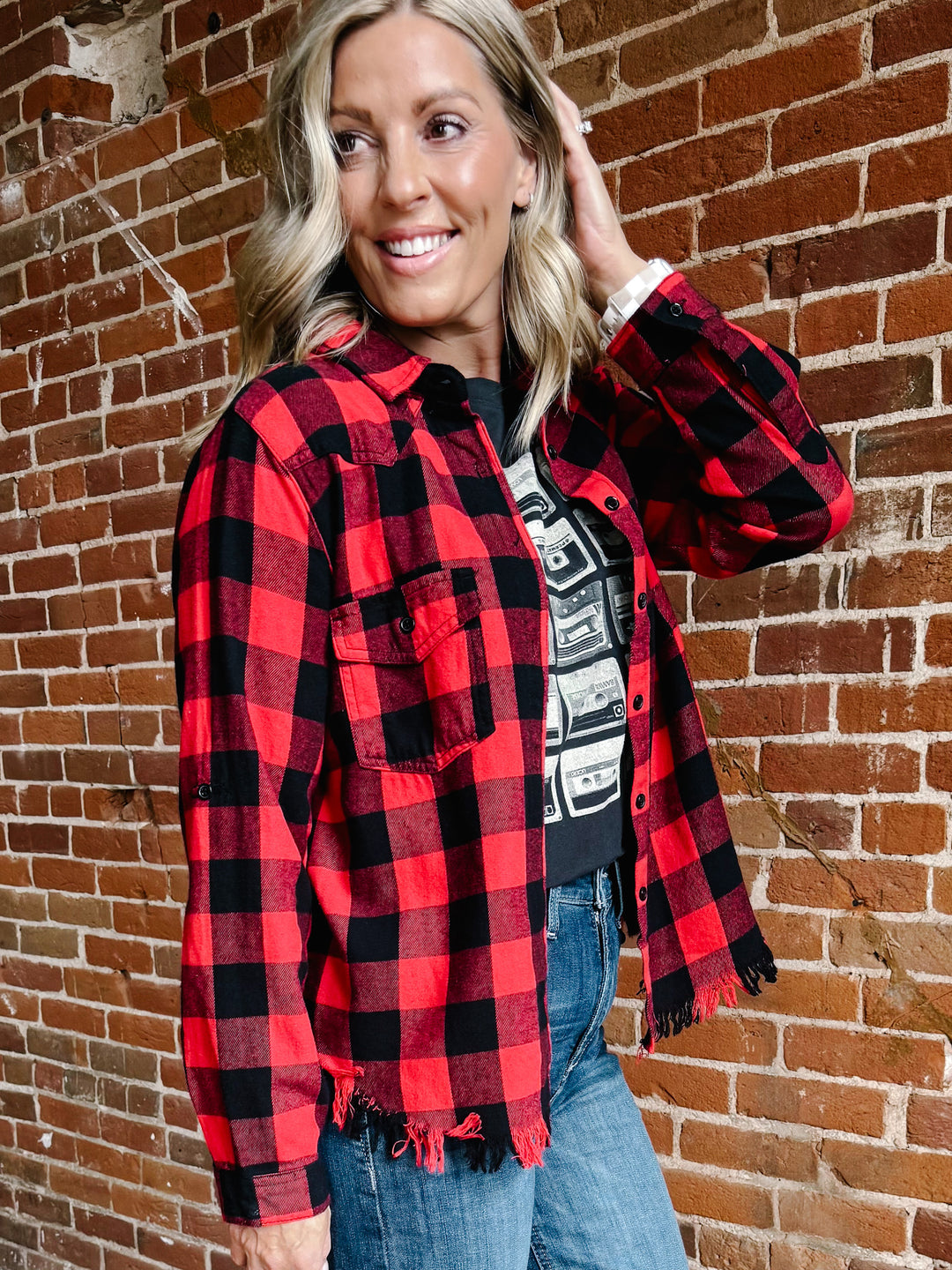 Ryla Frayed Hem Button Up Plaid, Red
