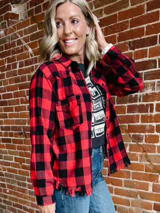 Ryla Frayed Hem Button Up Plaid, Red