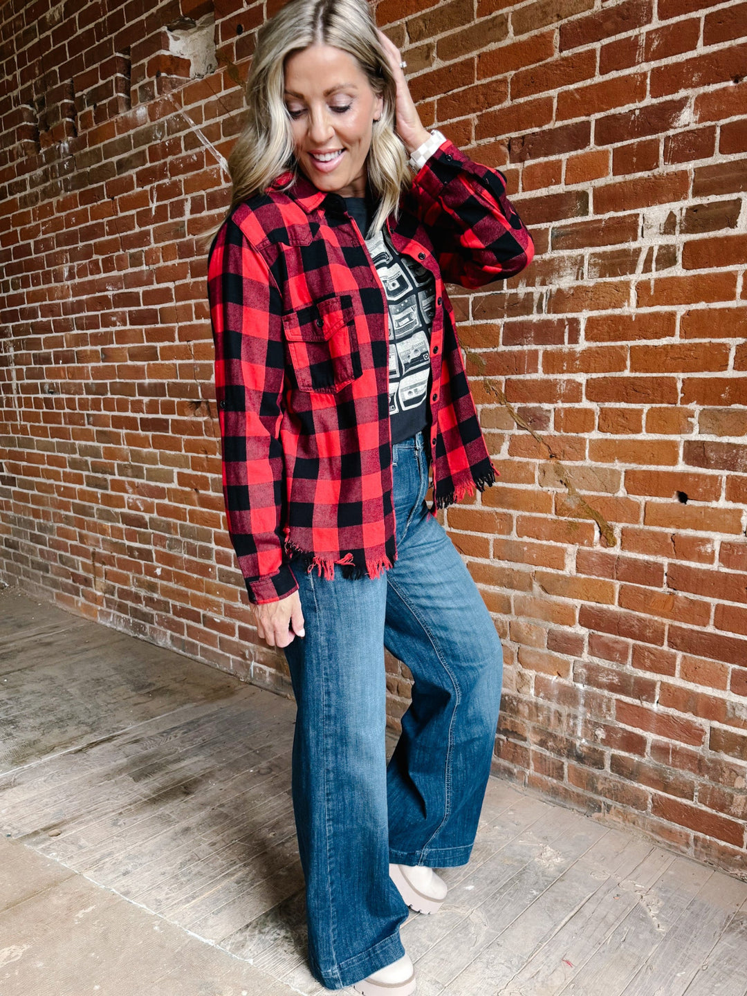 Ryla Frayed Hem Button Up Plaid, Red