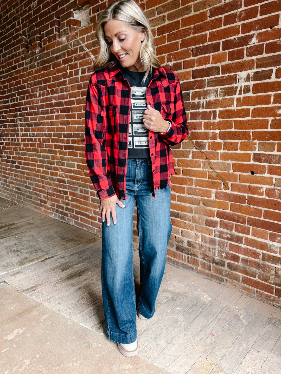 Ryla Frayed Hem Button Up Plaid, Red