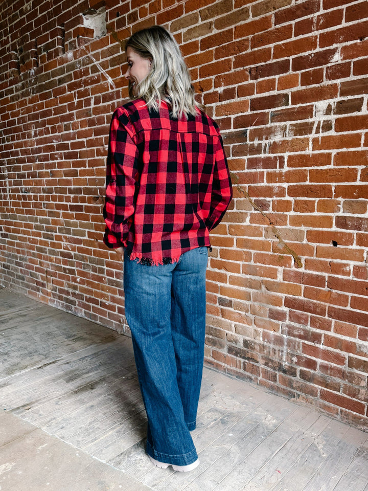 Ryla Frayed Hem Button Up Plaid, Red