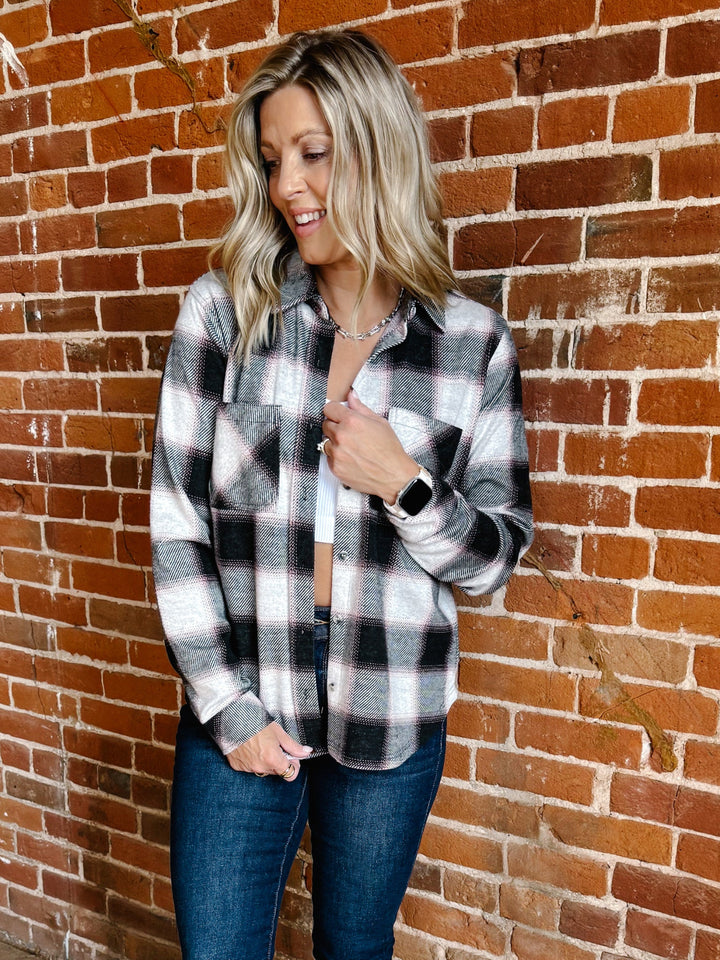 Saja Button Up Plaid Shirt, WhiteRoseBlack