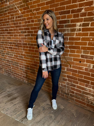 Saja Button Up Plaid Shirt, WhiteRoseBlack