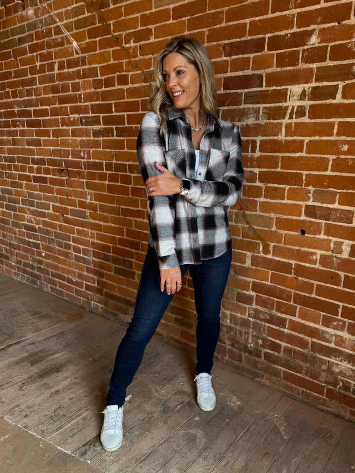 Saja Button Up Plaid Shirt, WhiteRoseBlack