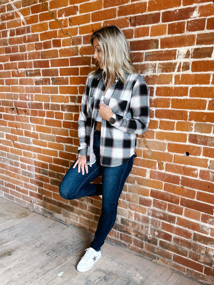 Saja Button Up Plaid Shirt, WhiteRoseBlack