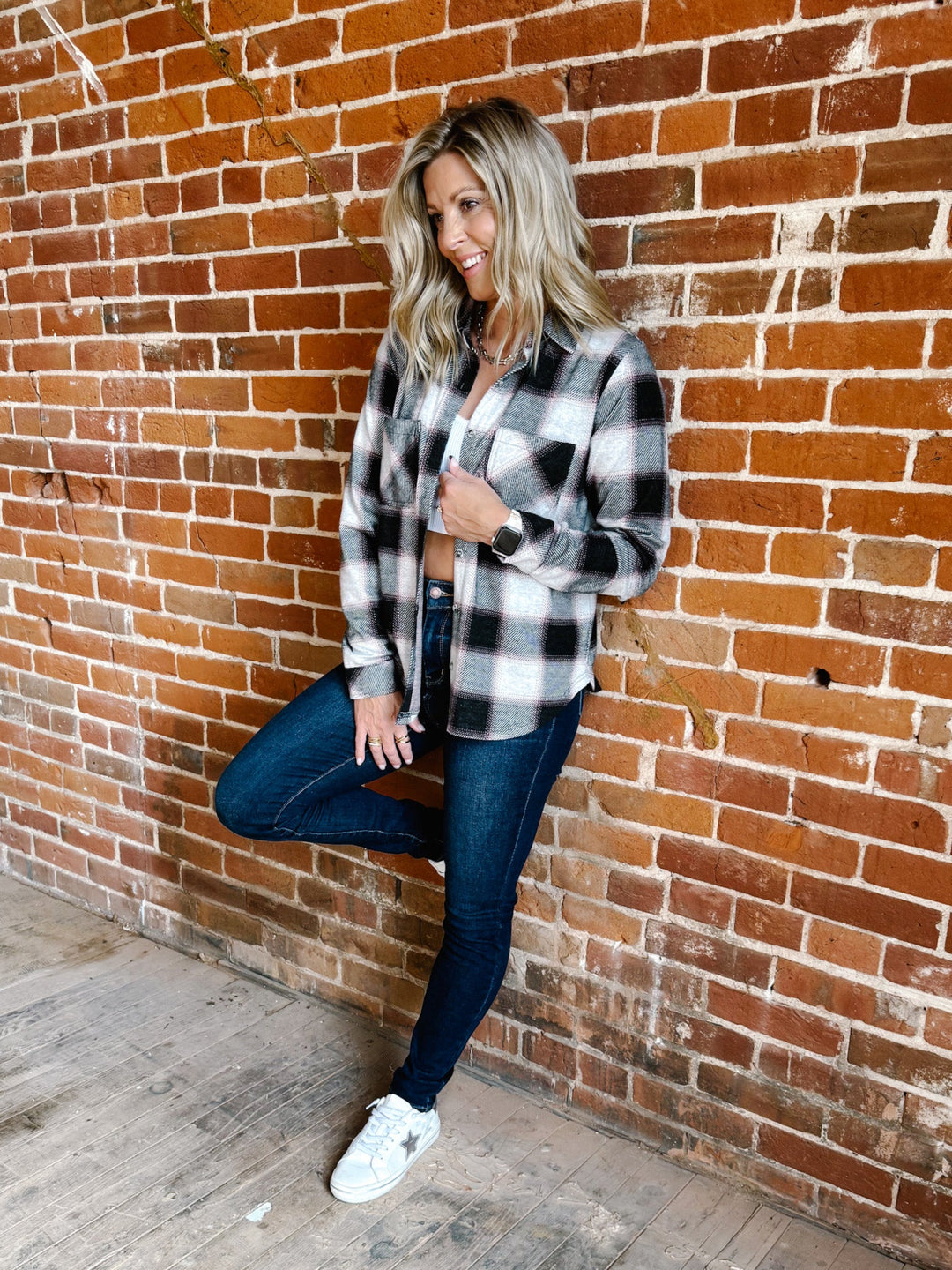 Saja Button Up Plaid Shirt, WhiteRoseBlack