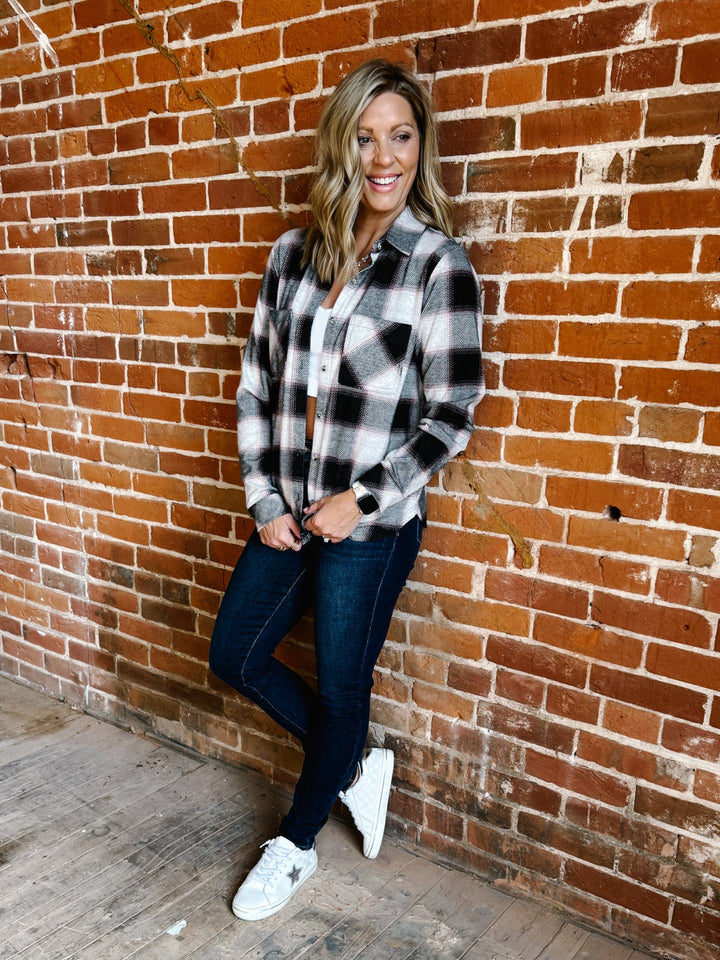 Saja Button Up Plaid Shirt, WhiteRoseBlack