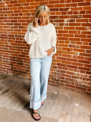 Salt Air Boat Neck Lightweight Knit Sweater in neutral oatmeal with a relaxed fit and boat neckline.