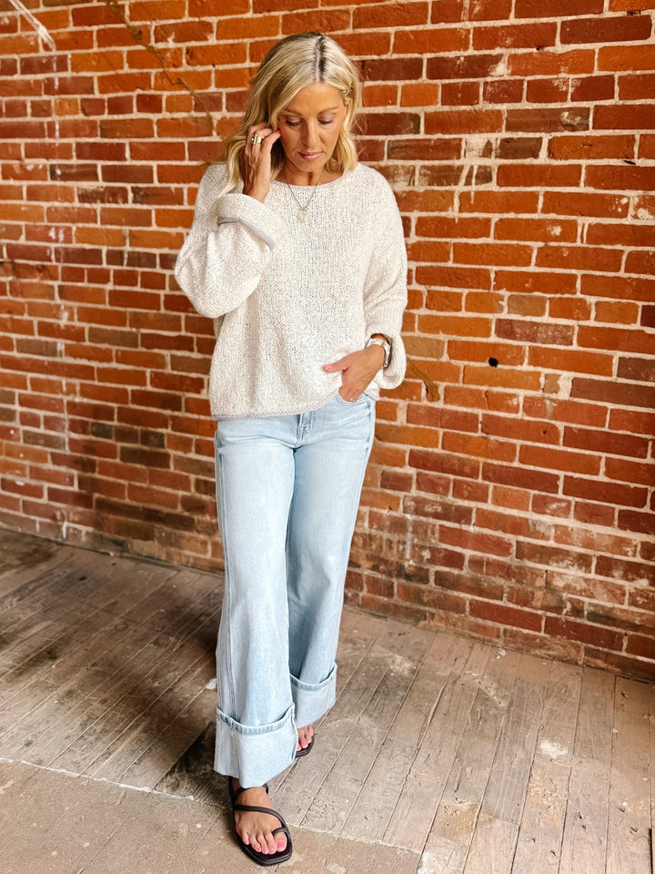 Salt Air Boat Neck Lightweight Knit Sweater in neutral oatmeal with a relaxed fit and boat neckline.