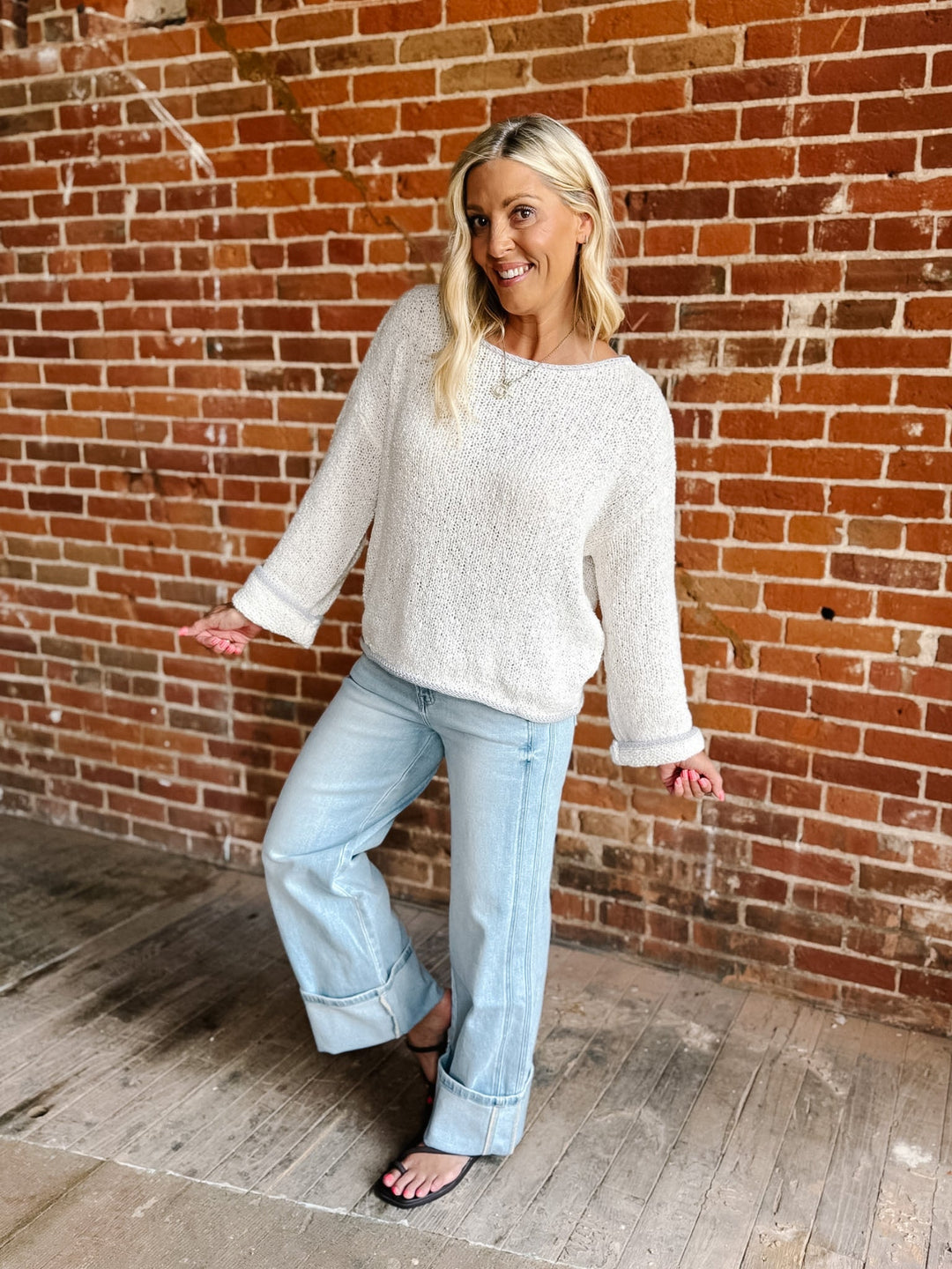 Salt Air Boat Neck Lightweight Knit Sweater in neutral oatmeal with a relaxed fit and boat neckline.