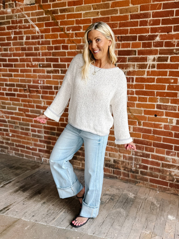 Salt Air Boat Neck Lightweight Knit Sweater in neutral oatmeal with a relaxed fit and boat neckline.
