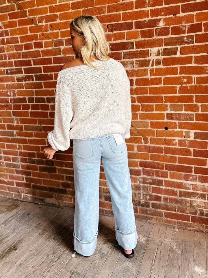 Salt Air Boat Neck Lightweight Knit Sweater in neutral oatmeal with a relaxed fit and boat neckline.