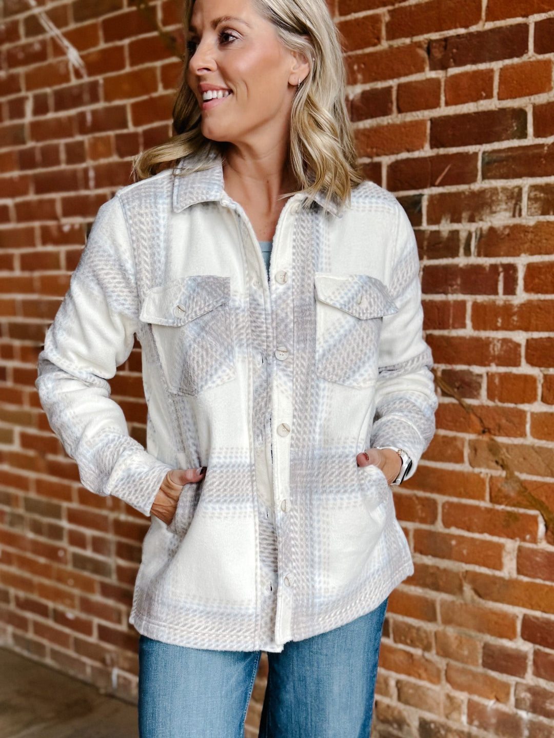 Santa Fe Fleece Plaid Jacket, IvoryBrown