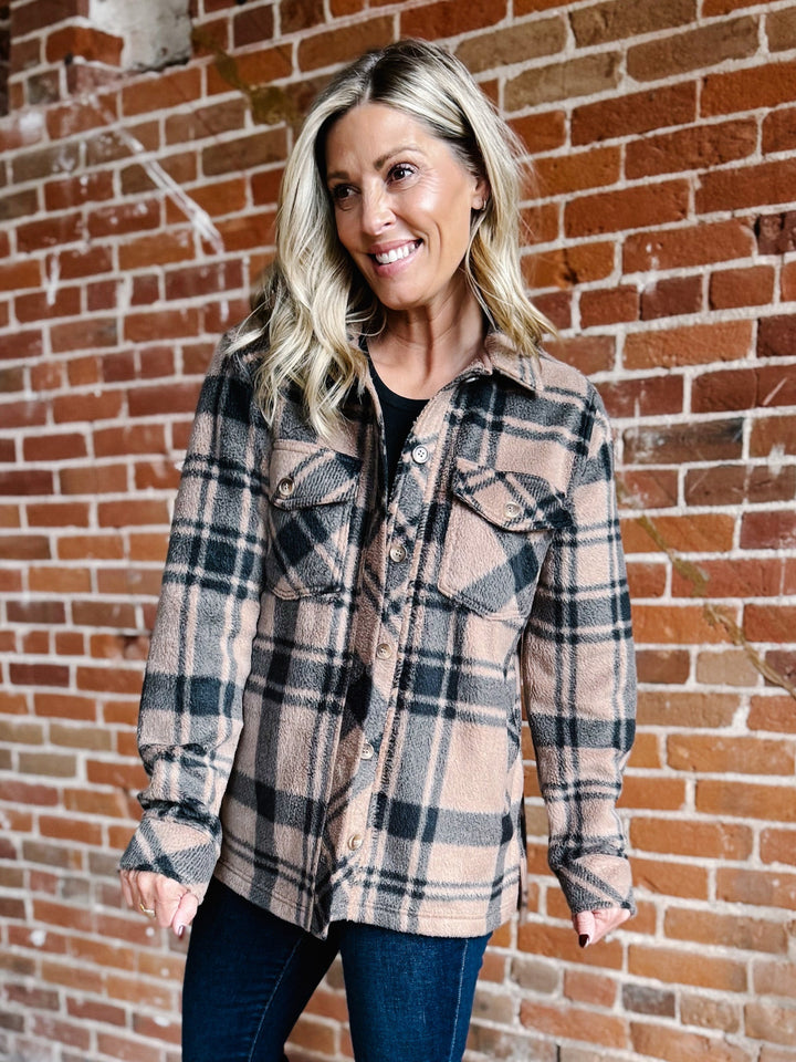 Santa Fe Fleece Plaid Jacket, Pecan/Black