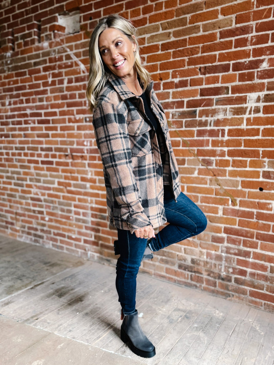 Santa Fe Fleece Plaid Jacket, Pecan/Black