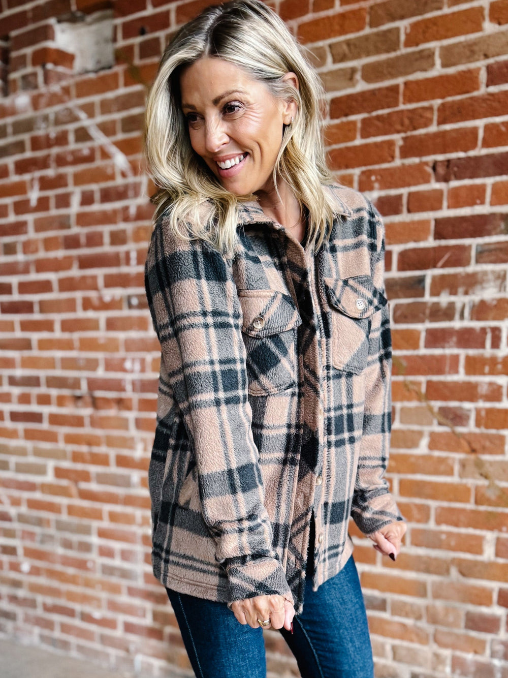 Santa Fe Fleece Plaid Jacket, Pecan/Black