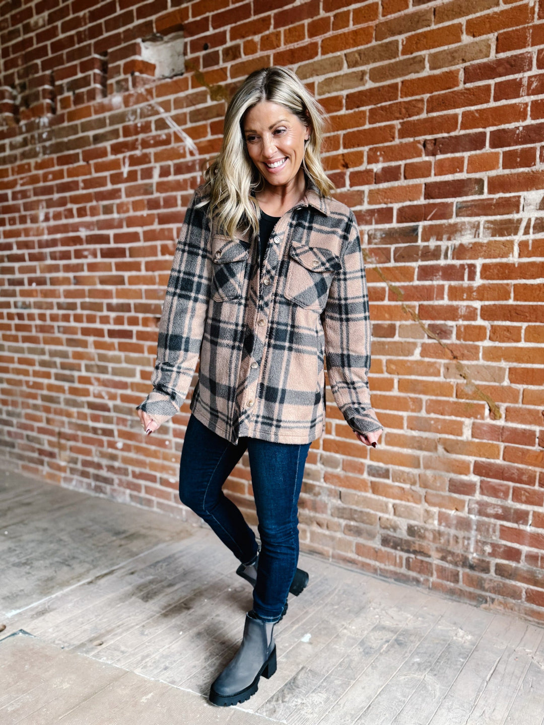 Santa Fe Fleece Plaid Jacket, Pecan/Black