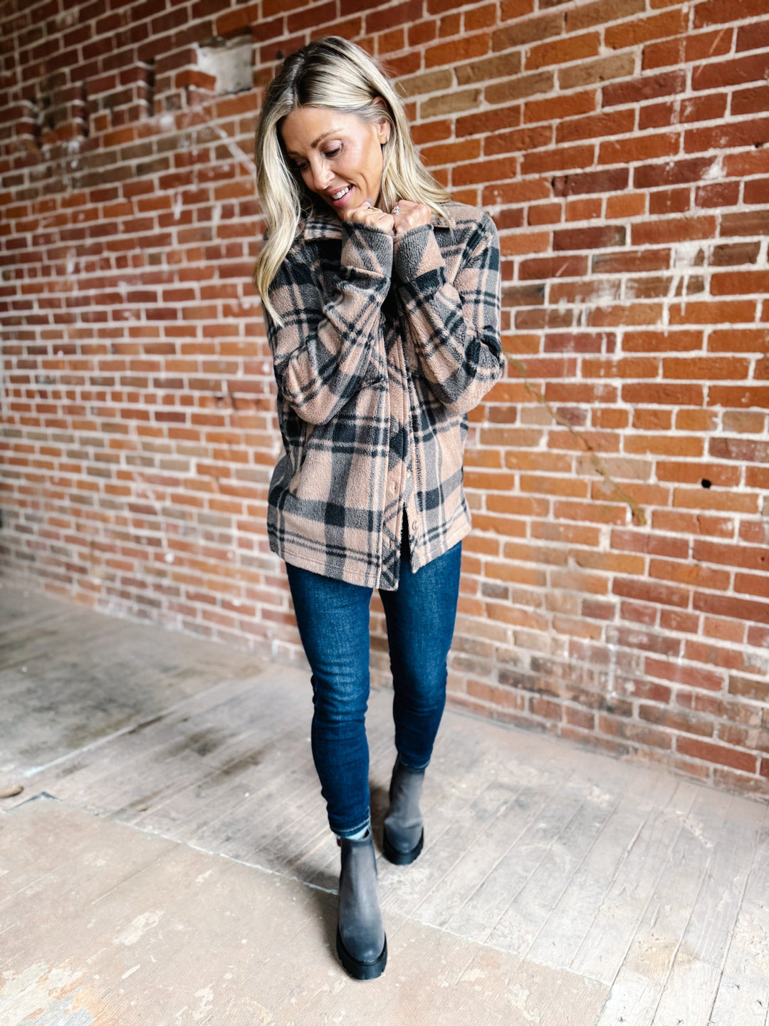 Santa Fe Fleece Plaid Jacket, Pecan/Black
