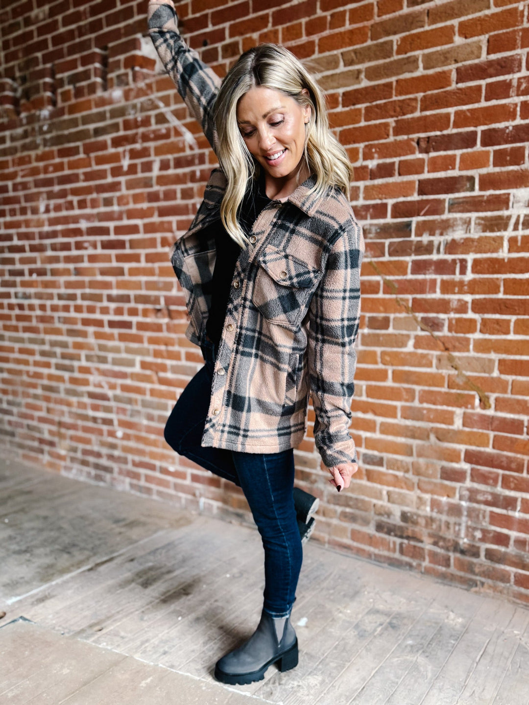 Santa Fe Fleece Plaid Jacket, Pecan/Black