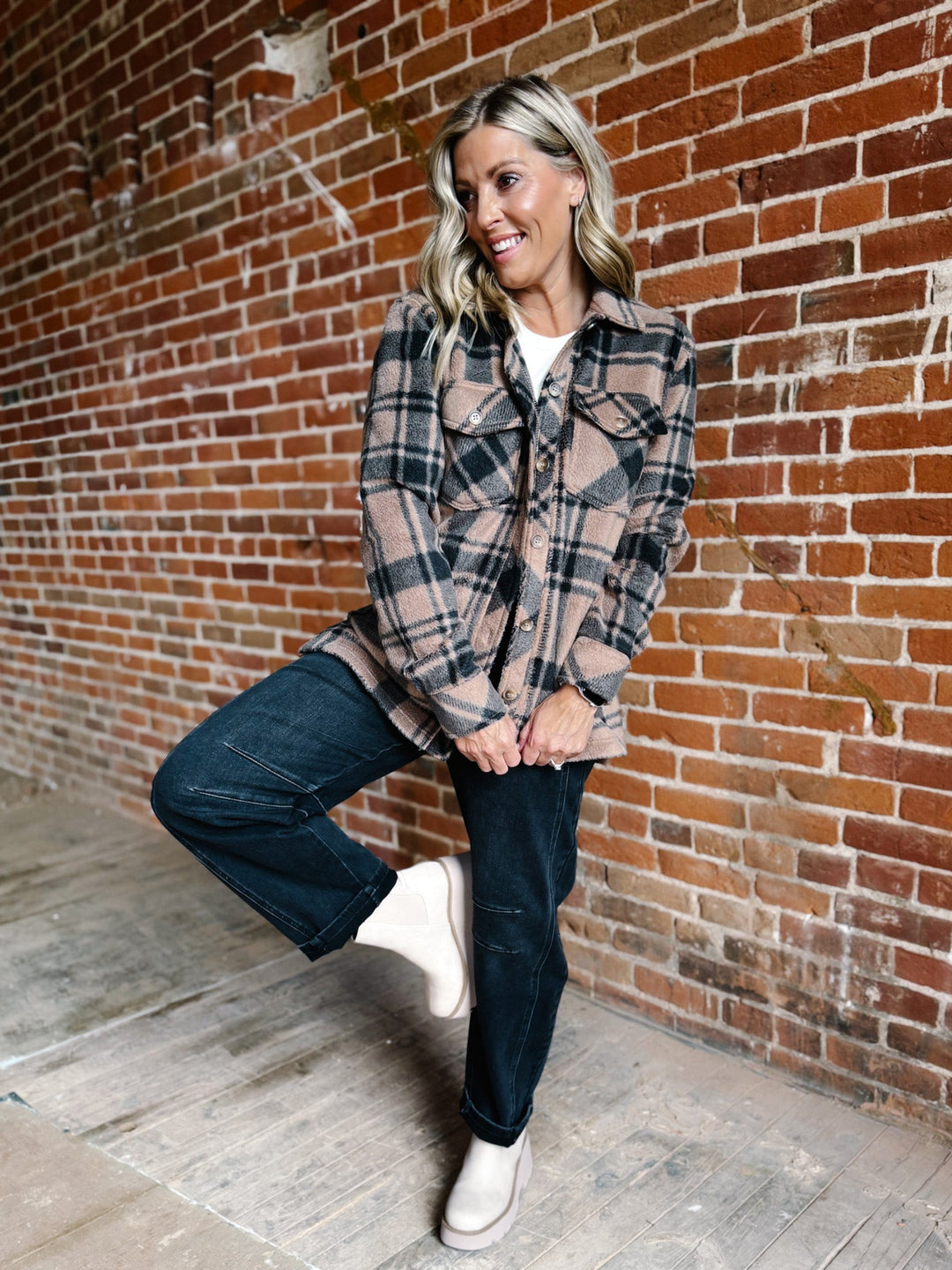 Santa Fe Fleece Plaid Jacket, Pecan/Black