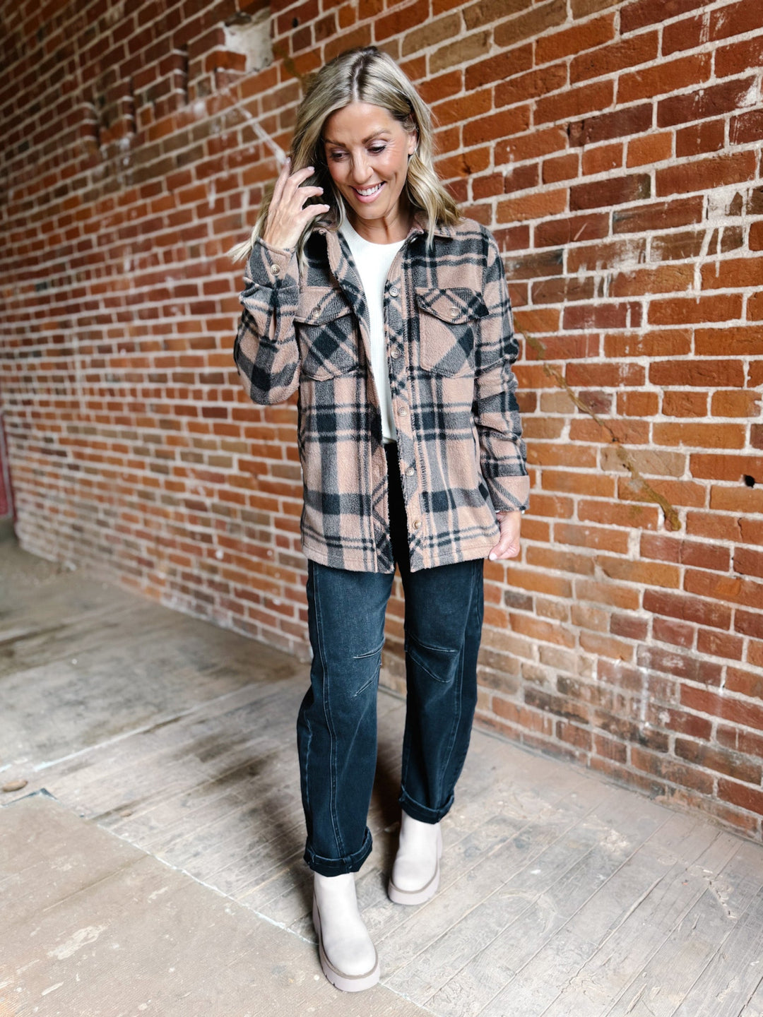Santa Fe Fleece Plaid Jacket, Pecan/Black