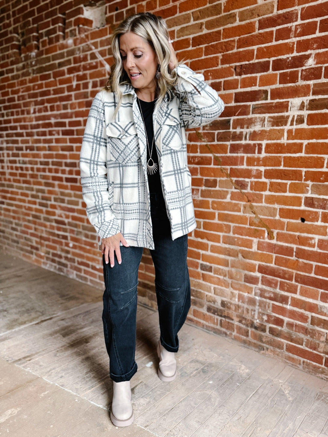 Santa Fe Fleece Plaid Jacket, Tofu/Ash