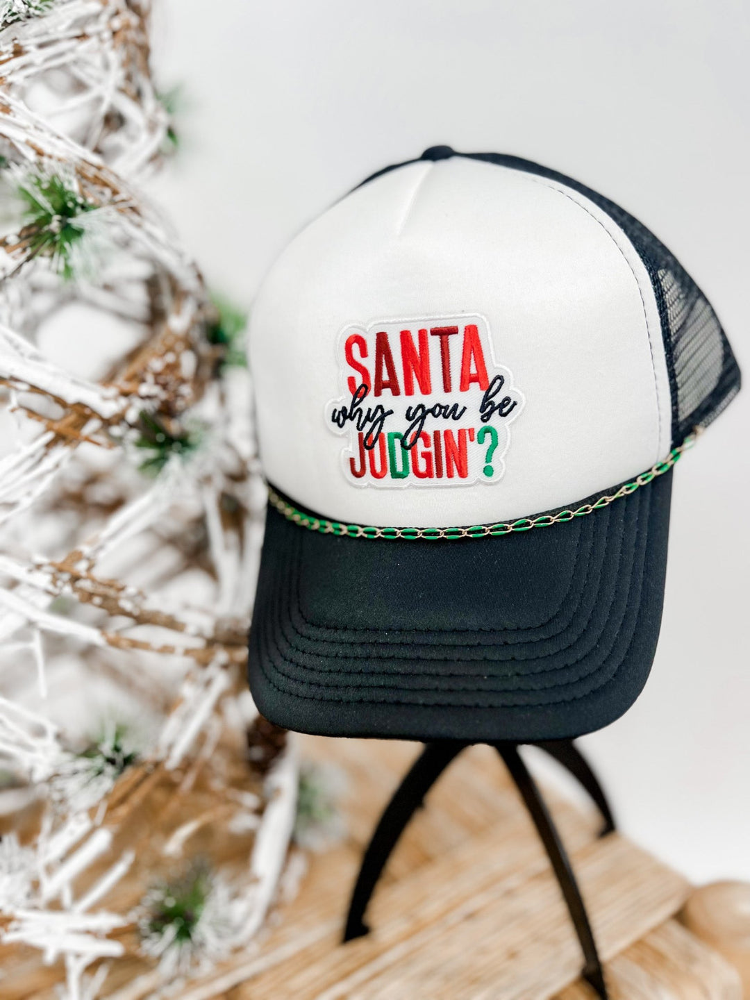 Santa Why You Be Judgin Patch Trucker Hat, Black