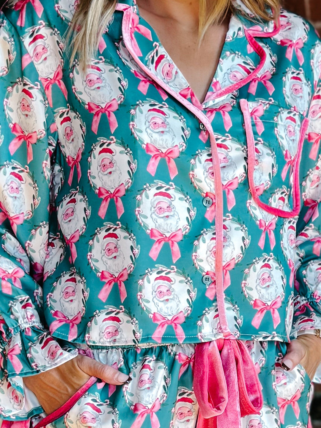 Santa and Bow Satin Pajamas, Teal