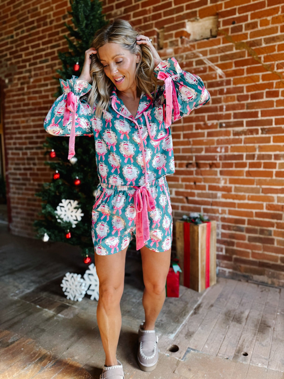 Santa and Bow Satin Pajamas, Teal