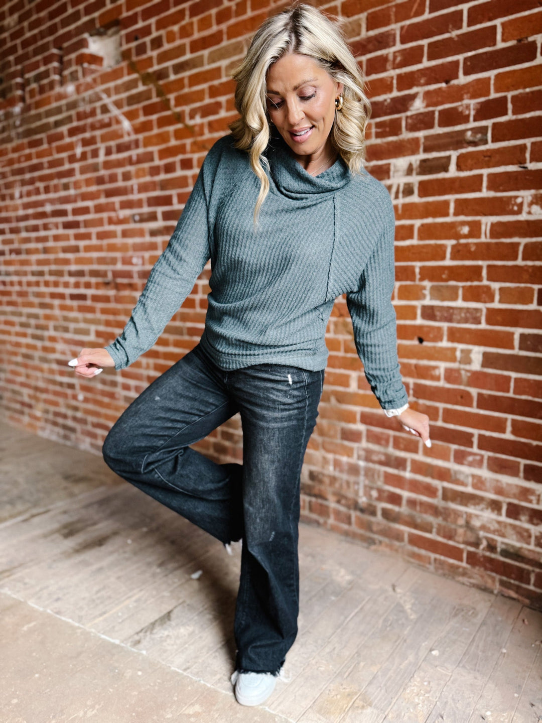 Sasha Thermal Knit Cowl Neck Top, Slate