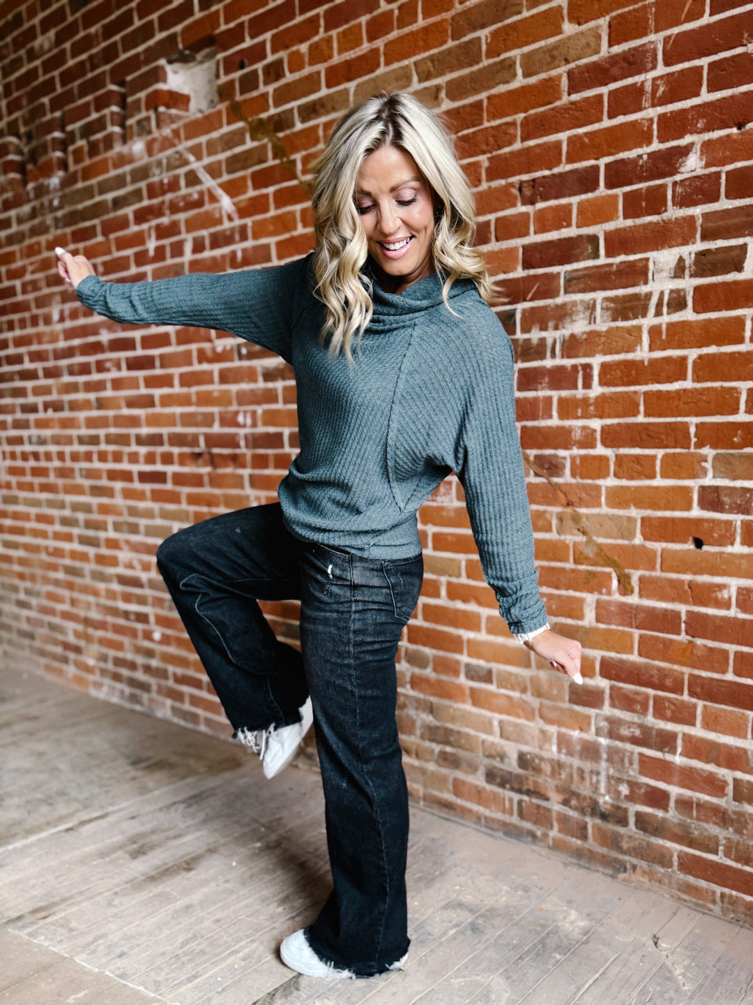 Sasha Thermal Knit Cowl Neck Top, Slate