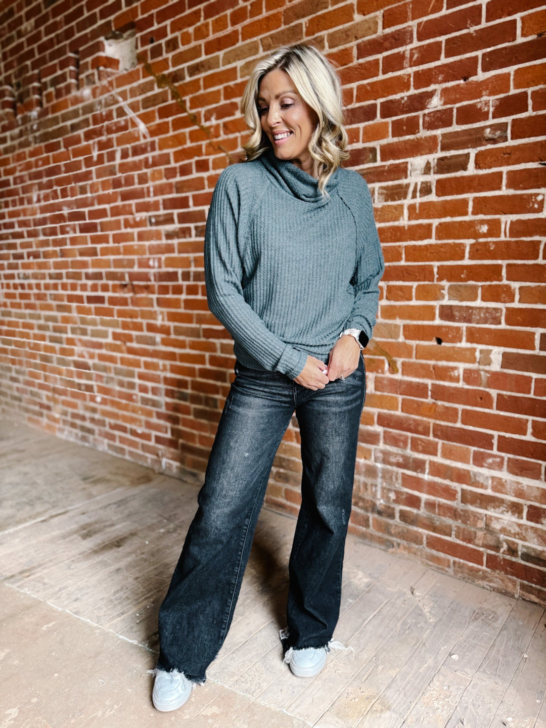 Sasha Thermal Knit Cowl Neck Top, Slate