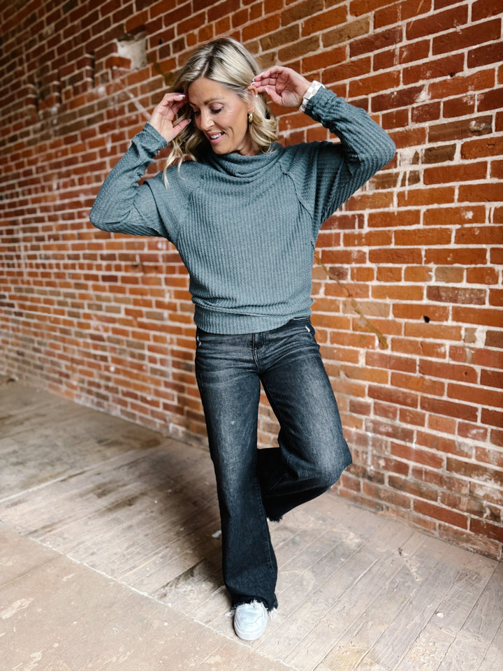 Sasha Thermal Knit Cowl Neck Top, Slate