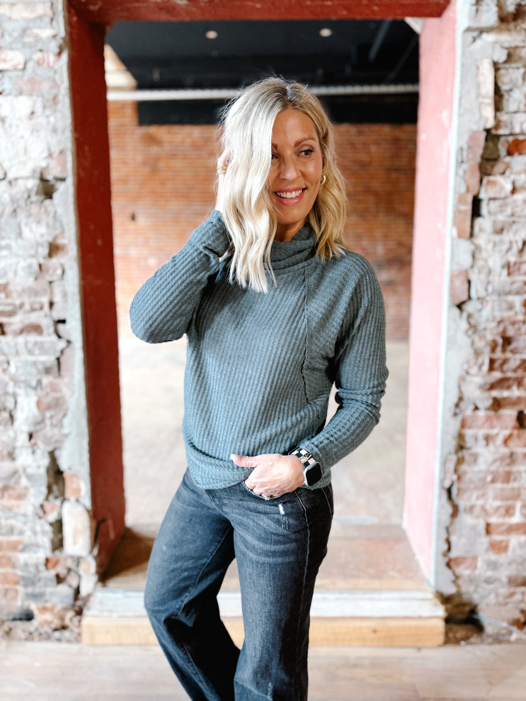 Sasha Thermal Knit Cowl Neck Top, Slate