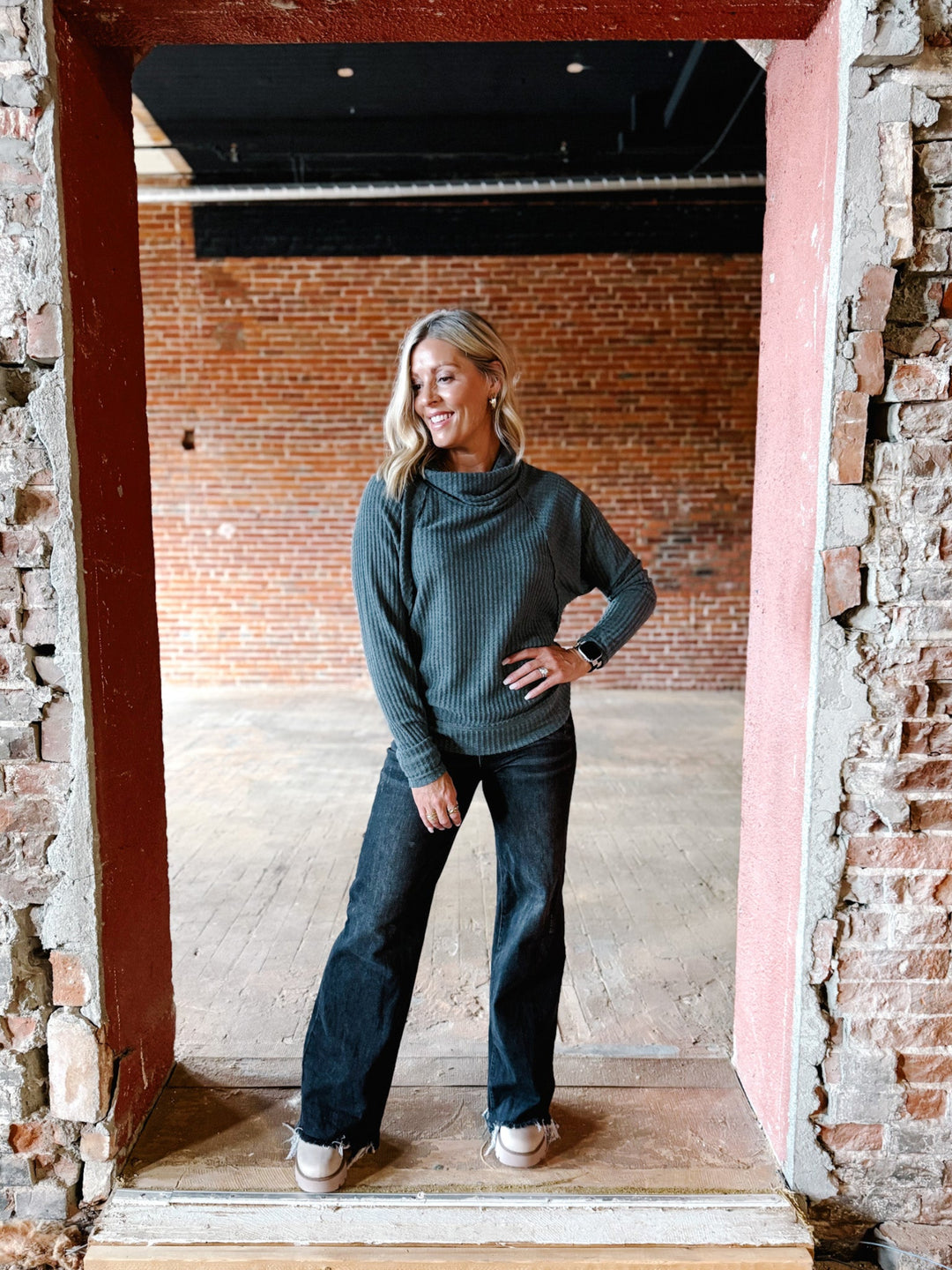 Sasha Thermal Knit Cowl Neck Top, Slate