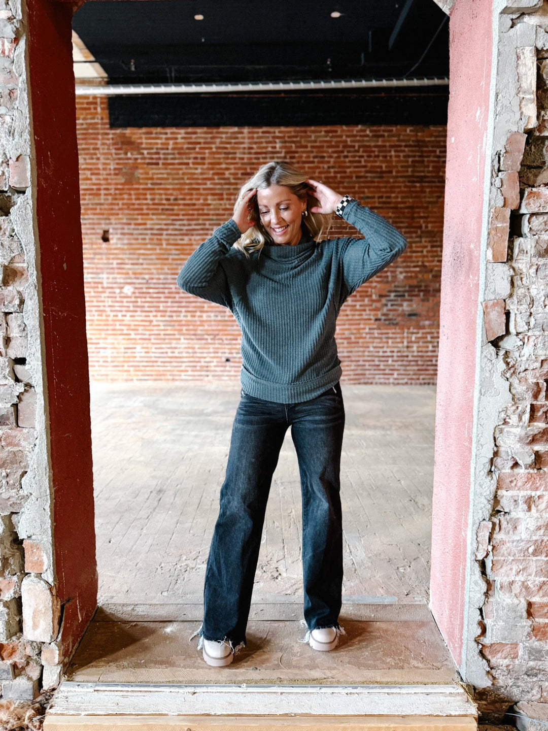 Sasha Thermal Knit Cowl Neck Top, Slate