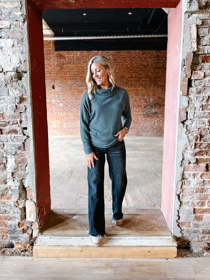 Sasha Thermal Knit Cowl Neck Top, Slate