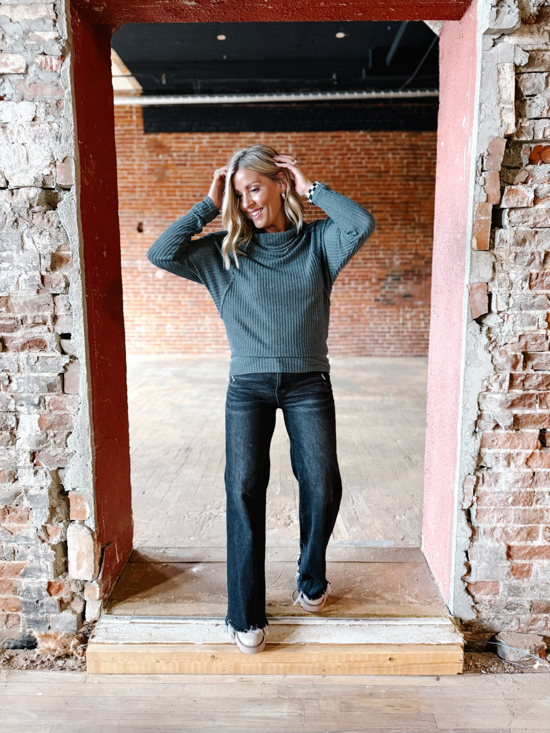 Sasha Thermal Knit Cowl Neck Top, Slate