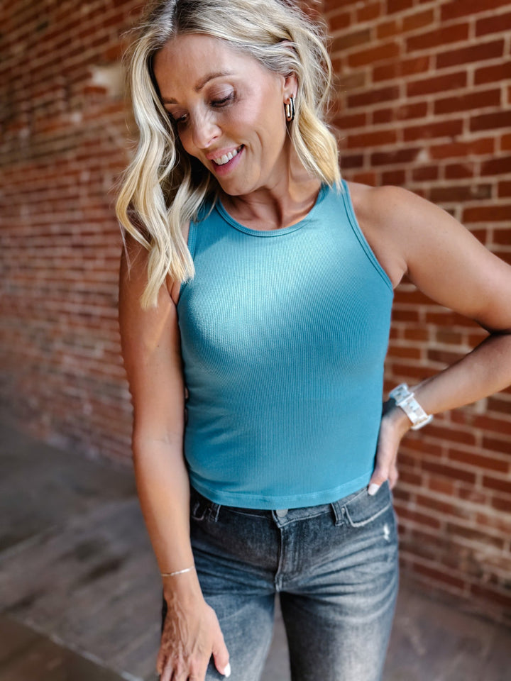 Say So Ribbed Cropped Tank with Bra Insert, Teal