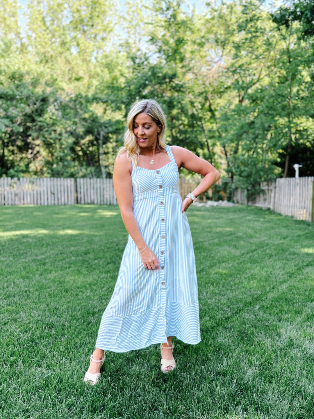Seaside Stroll Striped Midi Dress, Light Blue 