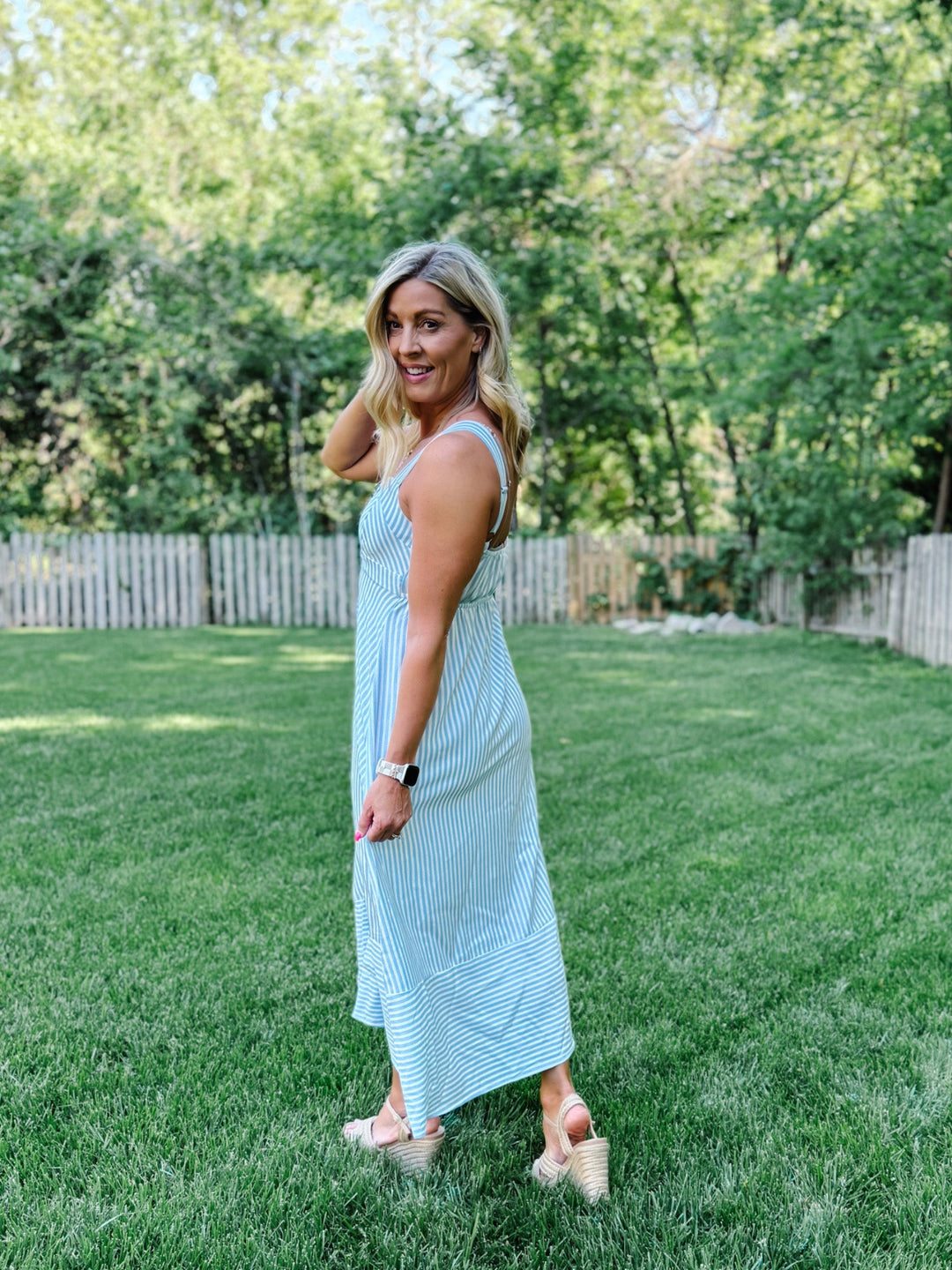 Seaside Stroll Striped Midi Dress, Light Blue 