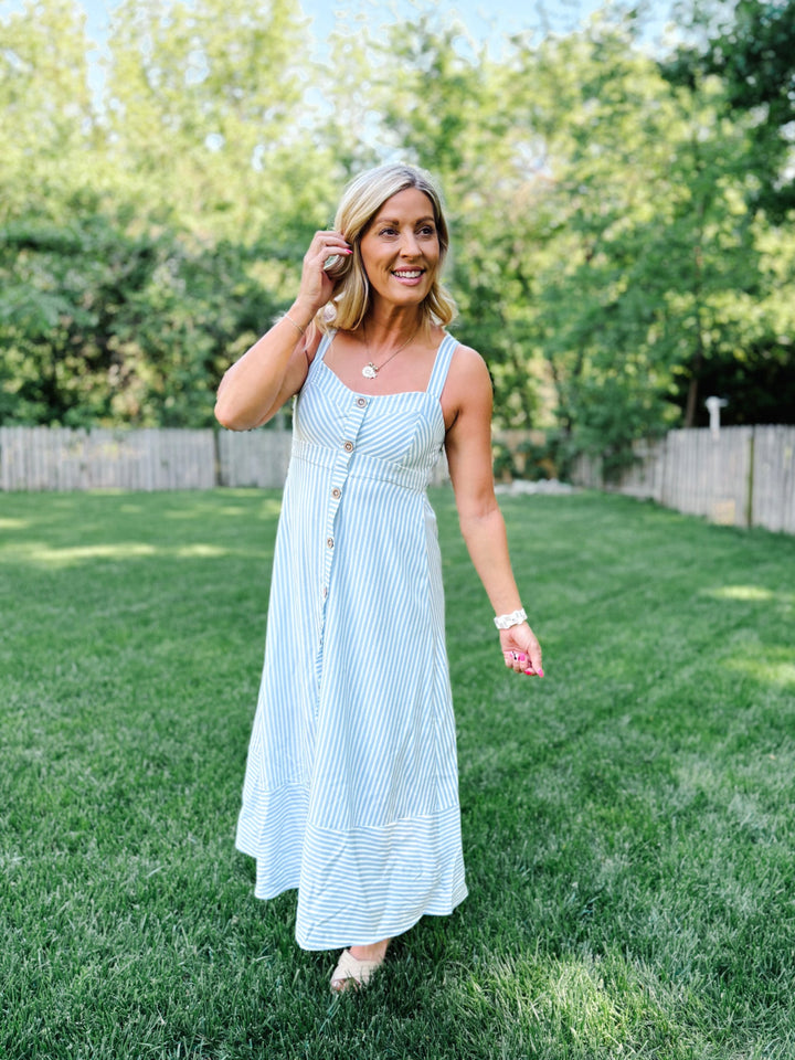 Seaside Stroll Striped Midi Dress, Light Blue 