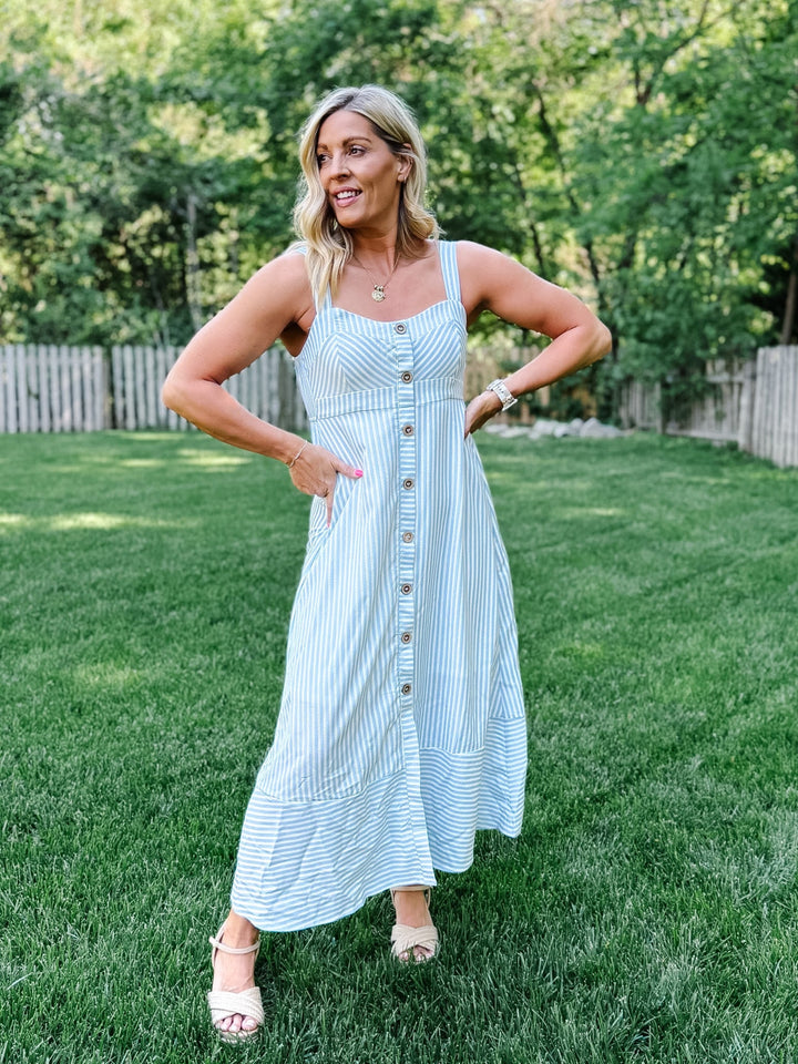 Seaside Stroll Striped Midi Dress, Light Blue 